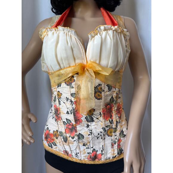 Vintage Handmade Floral Halter Lace-Up Corset Top with Ribbon Ties small - Picture 8 of 16